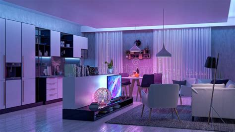 Modern Livingroom With Colored Led Light Smart Home Stock