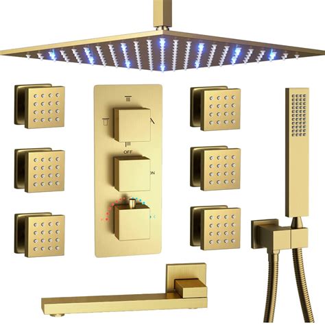 Katais Brushed Gold Shower System 4 Way Shower Fixtures Thermostatic Shower Complete Set With 12