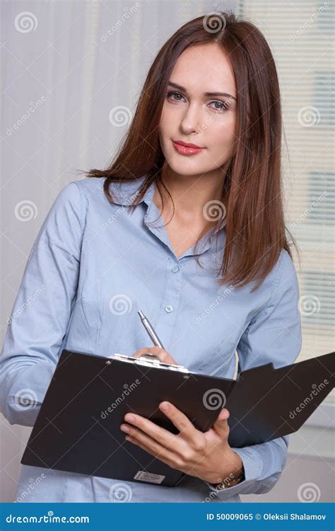 Woman Opened The Folder Writes It Stock Image Image Of Folder Holding 50009065