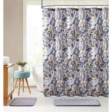Elegant Navy Blue Beige Fabric Shower Curtain Large Floral Paisley
