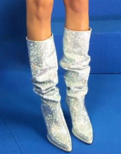 sexy full drilled glitter crystal knee high boots pointed toe summer chunky high heel rhinestone