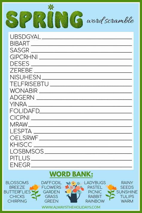 Free Spring Printable Spring Word Scramble With Answers