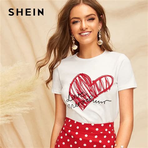buy shein lady simple round neck graphic print white t shirt summer casual