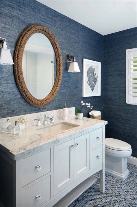 Nautical Bathroom With Navy Textural Wallpaper And Rope Covered Mirror
