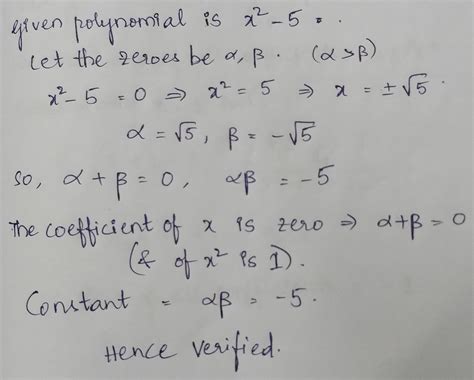 find the zeroes of the polynomial x 2 5 and verify the relationship between the zeroes and the
