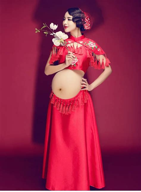 Fashion Chinese Style Big Red Maternity Dresses For Photo Shoot Clothes For Pregnant Women