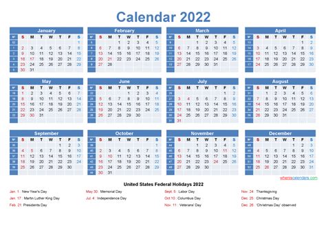 2022 One Page Calendar Printable Yearly Calendar Template Excel