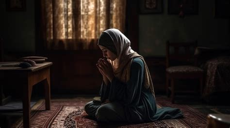Premium Ai Image A Woman Prays In A Dark Room With A Window Behind Her