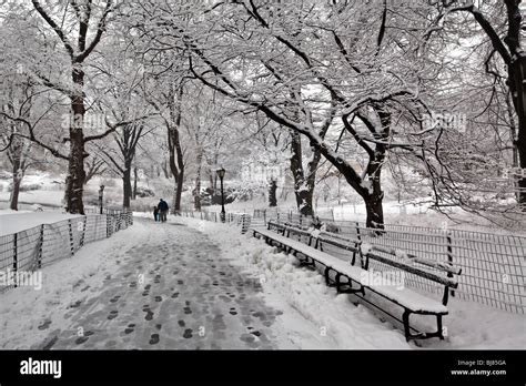 Central Park New York City Snow Storm With Slush On Sidewalks Stock
