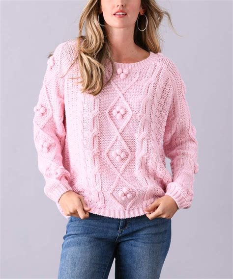 Pink Pom Pom Accent Cable Knit Sweater Women And Plus Cable Knit