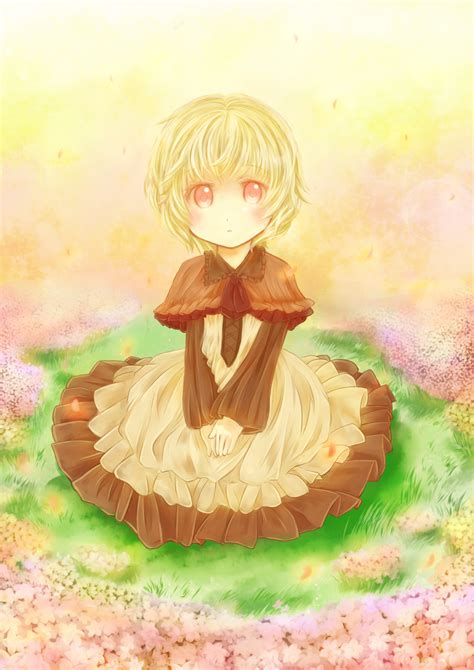 Safebooru Bad Id Blonde Hair Blush Dress Flower Grass Hands Together Highres Miyanonnon Open