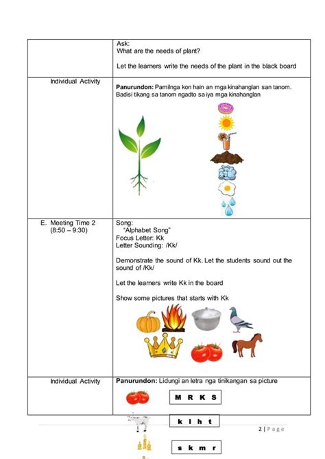 Kindergarten Lesson Plan Needs Of Plantdocx
