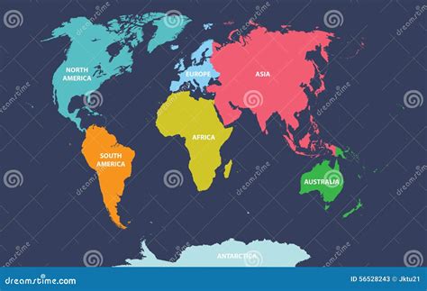 Vector Map Of The World Colored By Continents Stock Photo Image 56528243