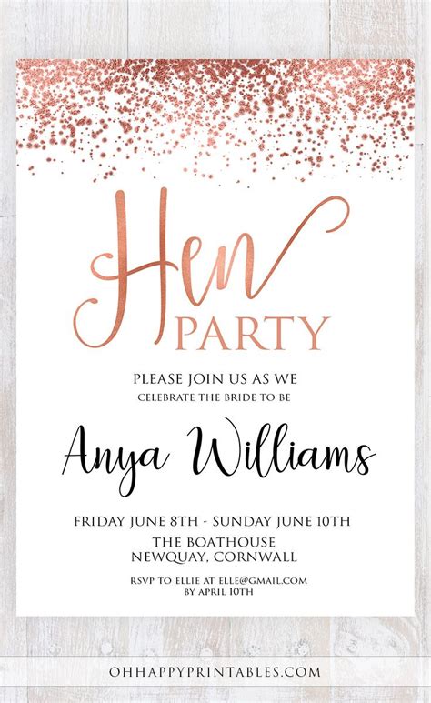 Rose Gold Hen Party Invitation Hen Do Invite Editable Template Hens