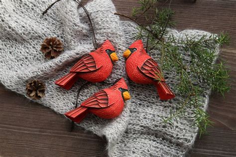 Cardinal Ornament Christmas Cardinal Bird Ornaments Wooden Etsy