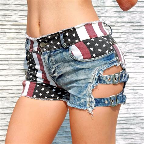 New Sexy Women S High Waist Hole Jeans Shorts American Flag Printed