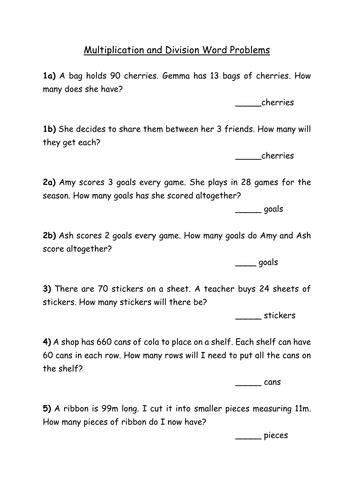 Grade 2 word problems worksheets redoakdeer com. Multiplication and Division Word Problems by Rachdf ...