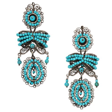 Romantic Turquoise And Silver Chandelier Earrings Circa 1920 Mexico