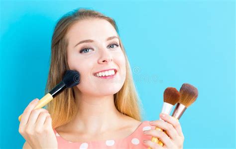 Beautiful Young Woman Holding Makeup Brushes Stock Image Image Of