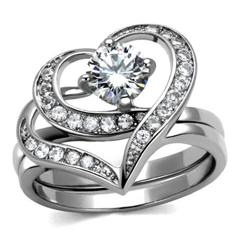 Artk2868 Stainless Steel 12 Ct Round Cut Cz 2 Piece Heart Shape Womens Wedding Ring Set