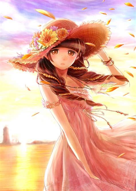 Anime Art Summer Time Sun Hat Sun Dress Long Hair Braids Water Sunset