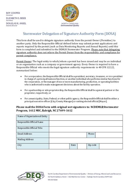 Fillable Online Stormwater Delegation Of Signature Authority Form Dosa