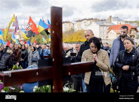 Lviv, Ukraine. 23rd Oct, 2023. A friend of the fallen Ukrainian soldier