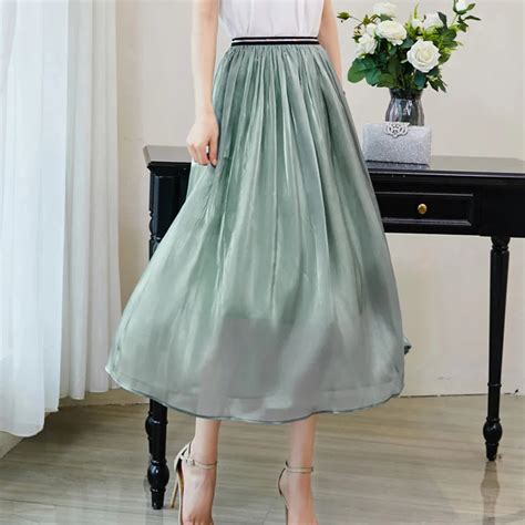 Summer Silk Satin Maxi Long Skirts Metallic Shine Lush A Line Pleated Long Skirts Purple Green