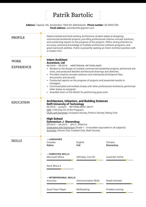 Intern Architect Resume Example Kickresume