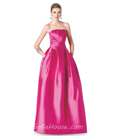 A Line Strapless Hot Pink Satin Long Occasion Prom Dress With Pockets