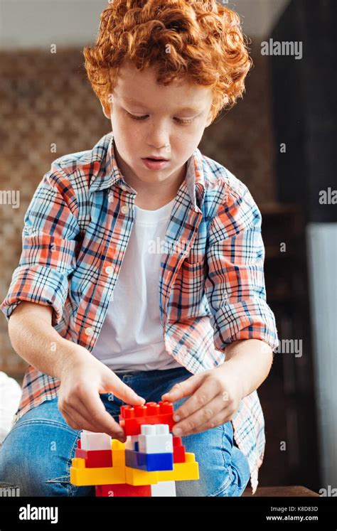 Concentrated Little Boy Playing With Building Blocks Stock Photo Alamy
