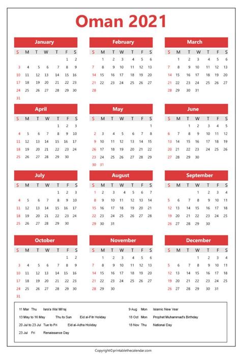 Oman Calendar 2021 With Holidays Free Printable Template Template