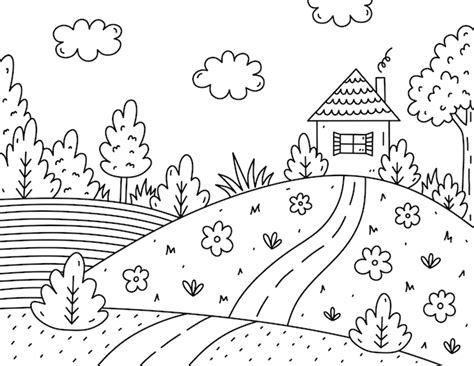 Página para colorear de niños lindos paisaje con nubes casa árboles arbustos flores campo