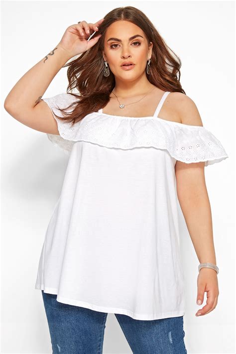 White Frill Broderie Anglaise Cold Shoulder Top Plus Sizes To