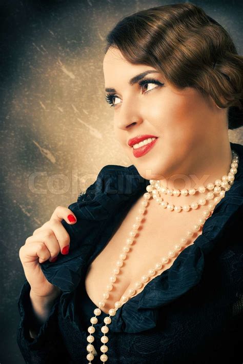 Portrait Of Retro Woman With Pearls Stock Image Colourbox