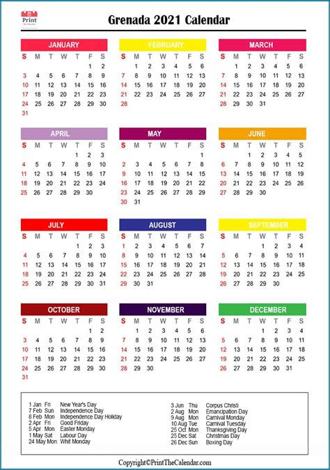 Grenada Calendar 2021 With Grenada Public Holidays