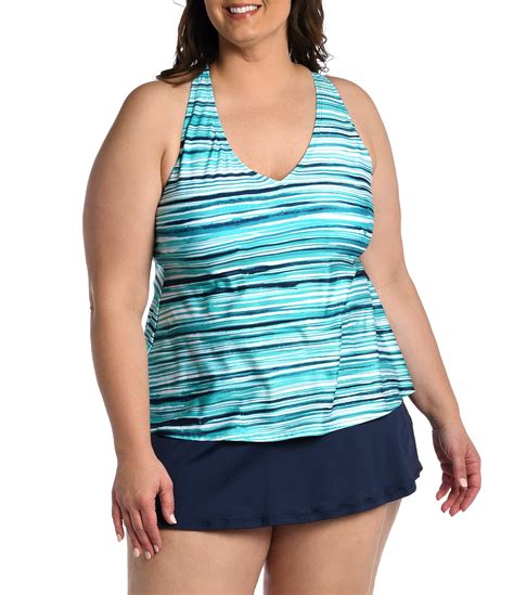24th and ocean plus size seaside breeze striped crossback tankini swim top and solids skirted swim