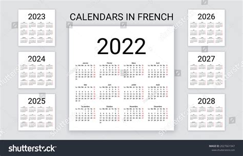 Französischer Kalender 2022 2023 2024 2025 Stock Vektorgrafik