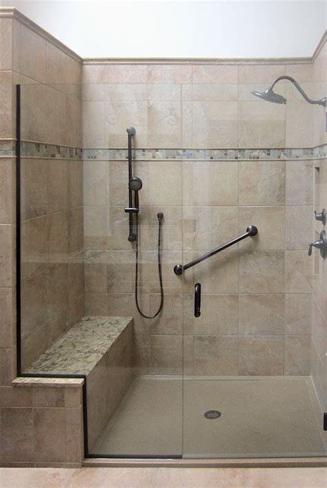 Spacious Shower With Built In Bench Grab Bar And Additional Shower Head Handicap Bathroom