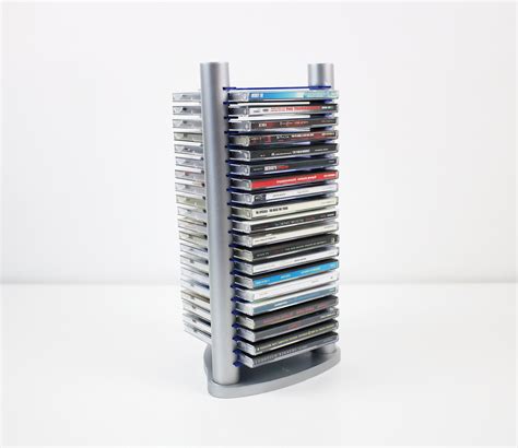 Y2k Cd Tower Rack In Silver Wood And Transparent Blue Plastic Acrylic