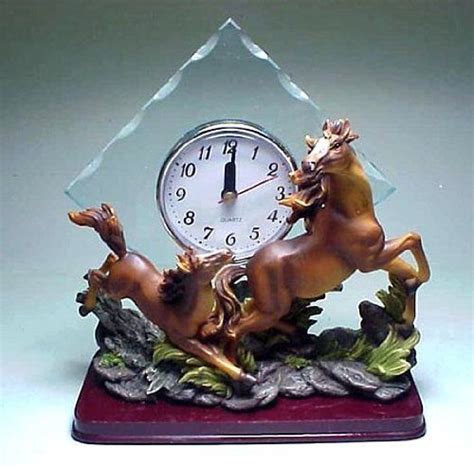 Galloping Horses Sculptured Resin Glass Table Western Clock Approx 8