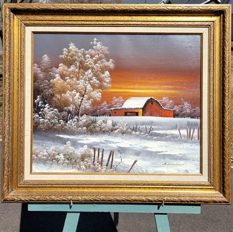 Signed Everett Woodson Original Oil Sunrise Barn Scene 32 X 28 Framed
