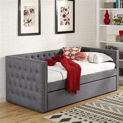 Crown Mark 5335 Grey Upholstered Daybed With Button Tufting And Pull