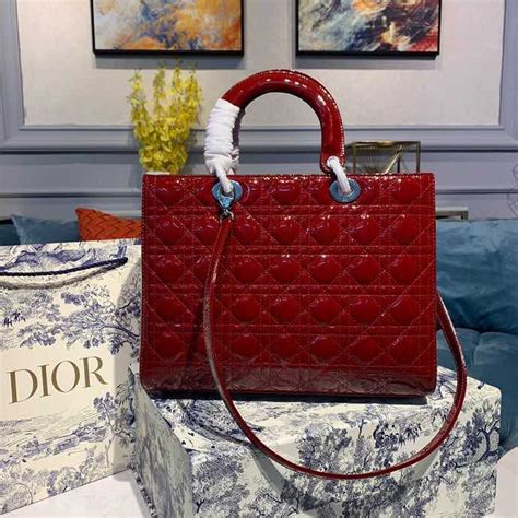 Christian Dior Large Lady Dior Bag Silver Hardware Cherry Red Patent