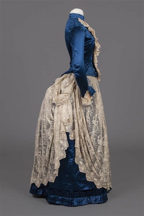 1886 Bustle Dress Side View Blue Satin And Lace With Separate Lace