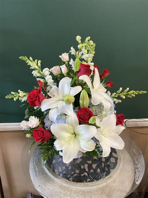 Red White And Blue Flower Arrangement Carnations Lilies Roses And