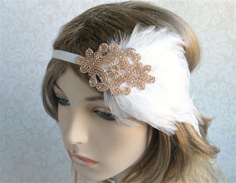 White Flapper Headpiece Great Gatsby 1920s Wedding Headband White Feather Deco Headdress
