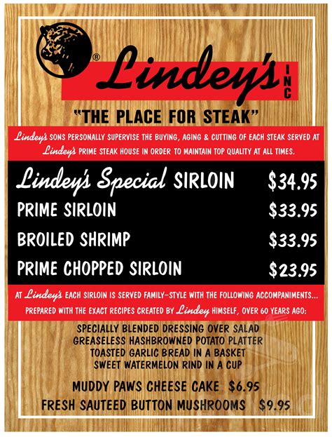 Lindeys Prime Steak House Menu In Arden Hills Minnesota