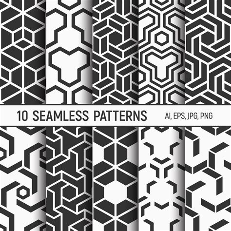 Set Of 10 Monochrome Seamless Patterns Abstract Geometrical Trendy