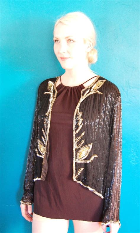 Vintage 1980s Trophy Jacket Silk Sheer Beaded Sequi Gem